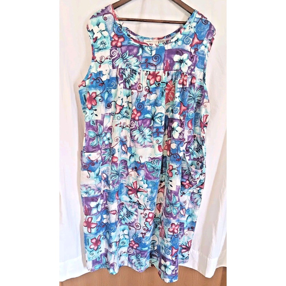 Comfort Choice 1X Floral Muumuu House Dress Sleeveless Pockets Cotton Blend